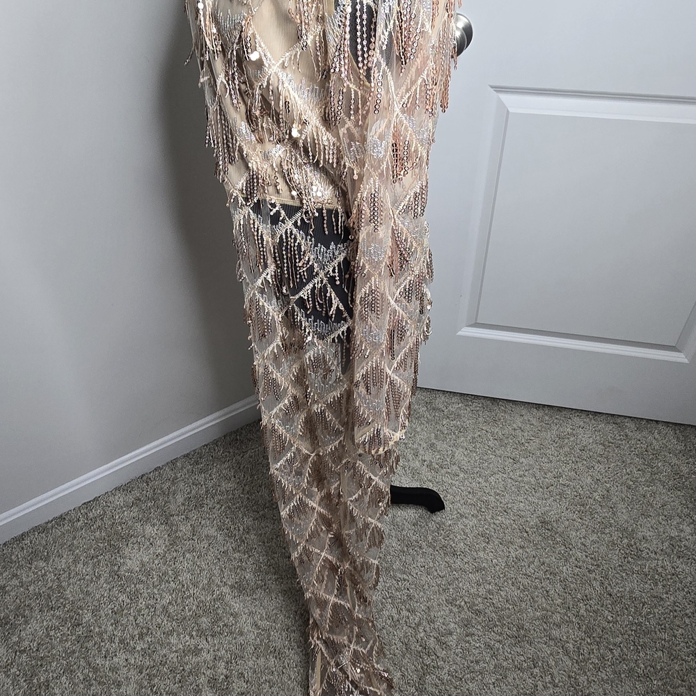 PrettyLittleThing Rose Gold Tassel Sequin Plunge Jumpsuit Sheer US 10 - Picture 7 of 8